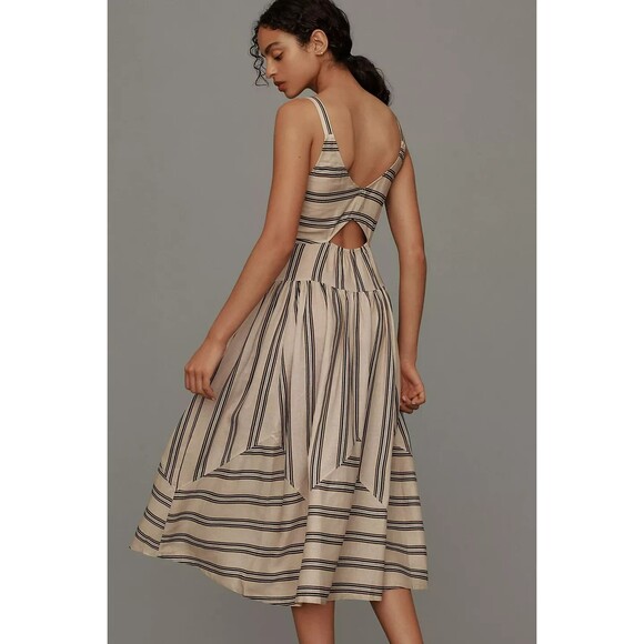 Anthropologie Plenty Linen Fit & Flare Midi Dress L Beige Striped Cutout Tiered - Picture 3 of 16